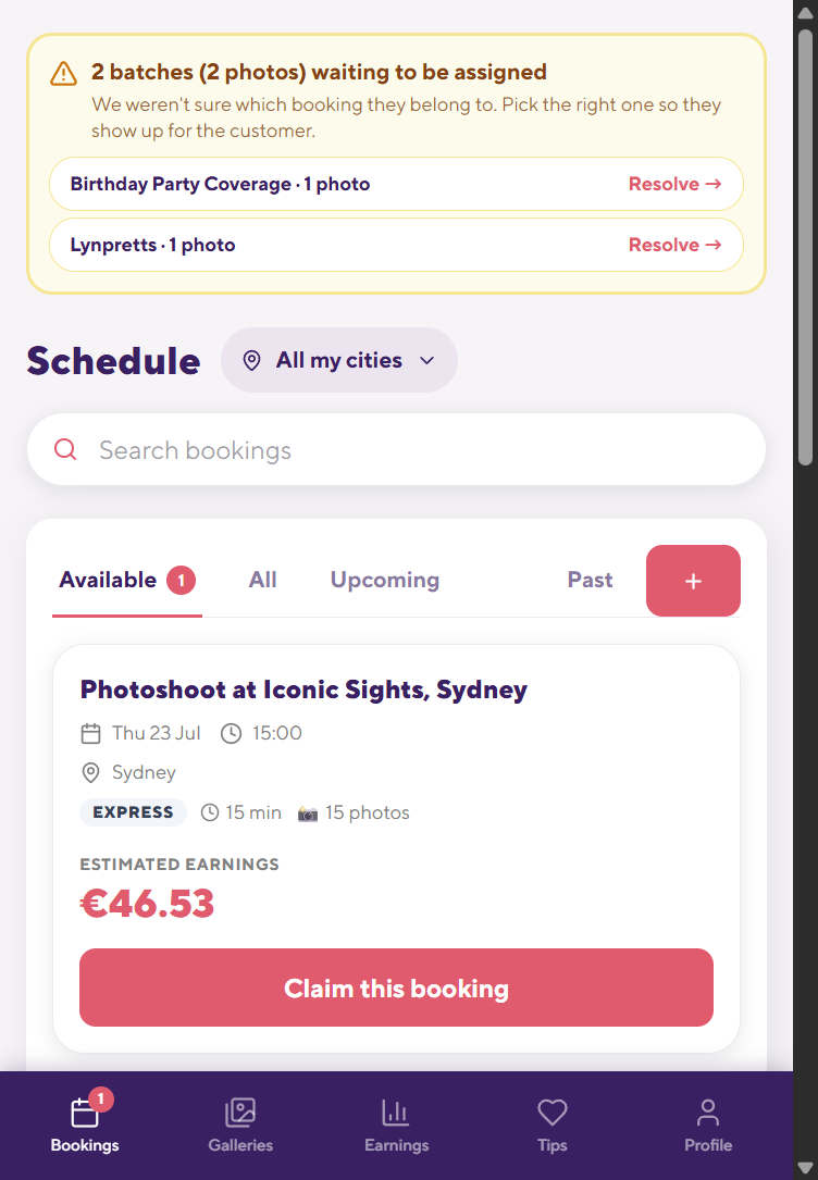 An available booking — date, place, package and what you earn, before you claim.