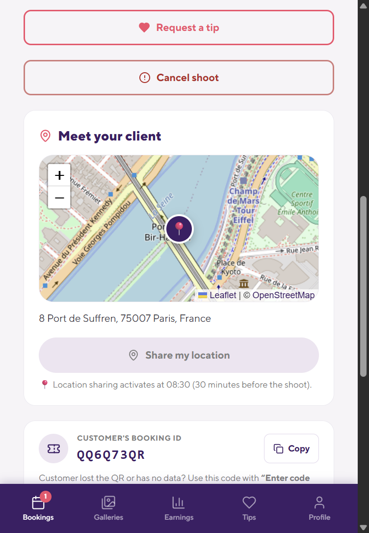 The meeting point, and the booking ID to use if the QR code won’t scan.