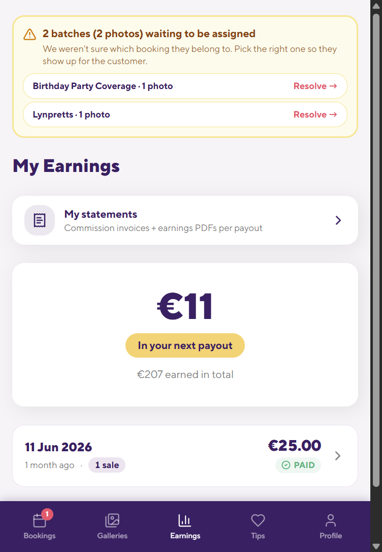 Earnings — what’s coming in your next payout, and what’s already been paid.