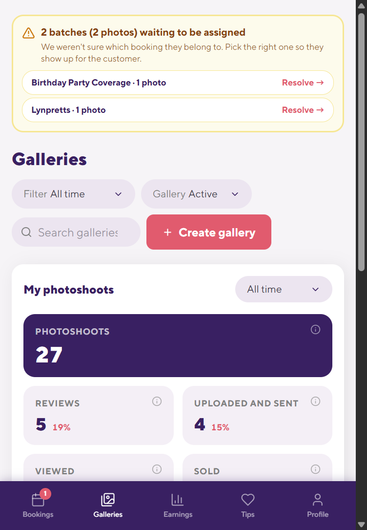 Galleries, where you upload the finished photos.